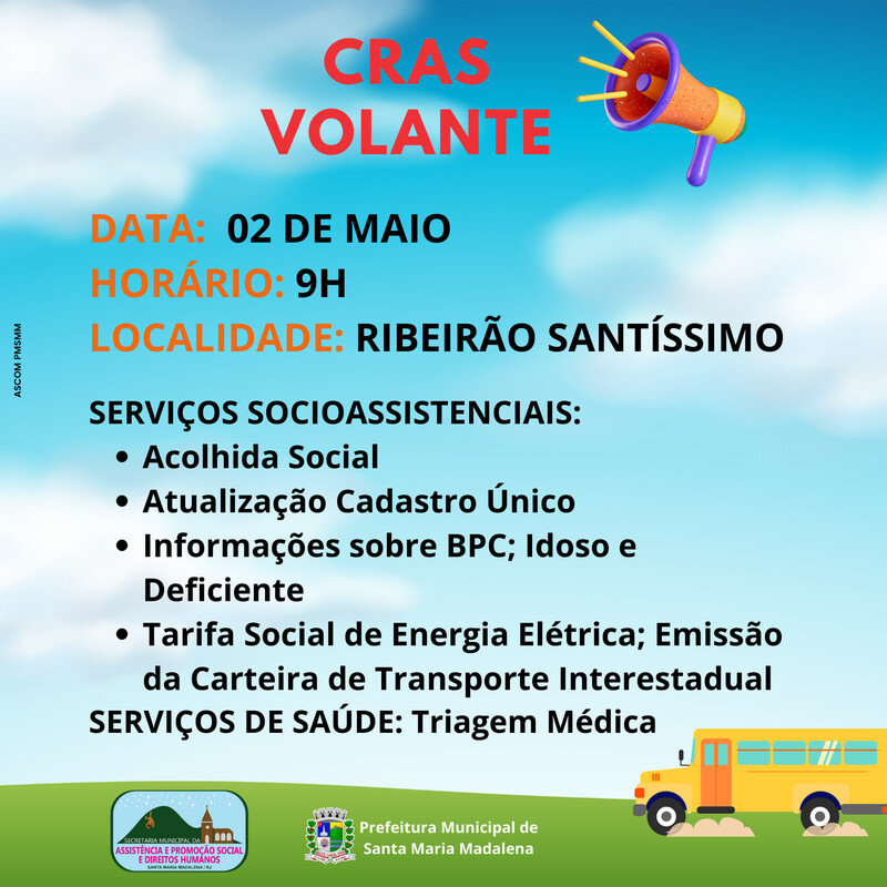 Projeto Cras Volante estará nesta quinta-feira em Ribeirão Santíssimo