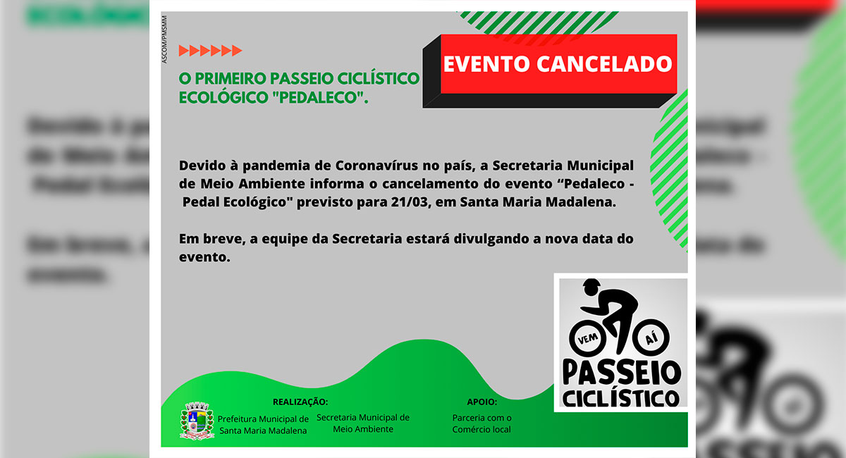 O Passeio Ciclístico Ecológico “Pedaleco” é cancelado por causa do Coronavírus