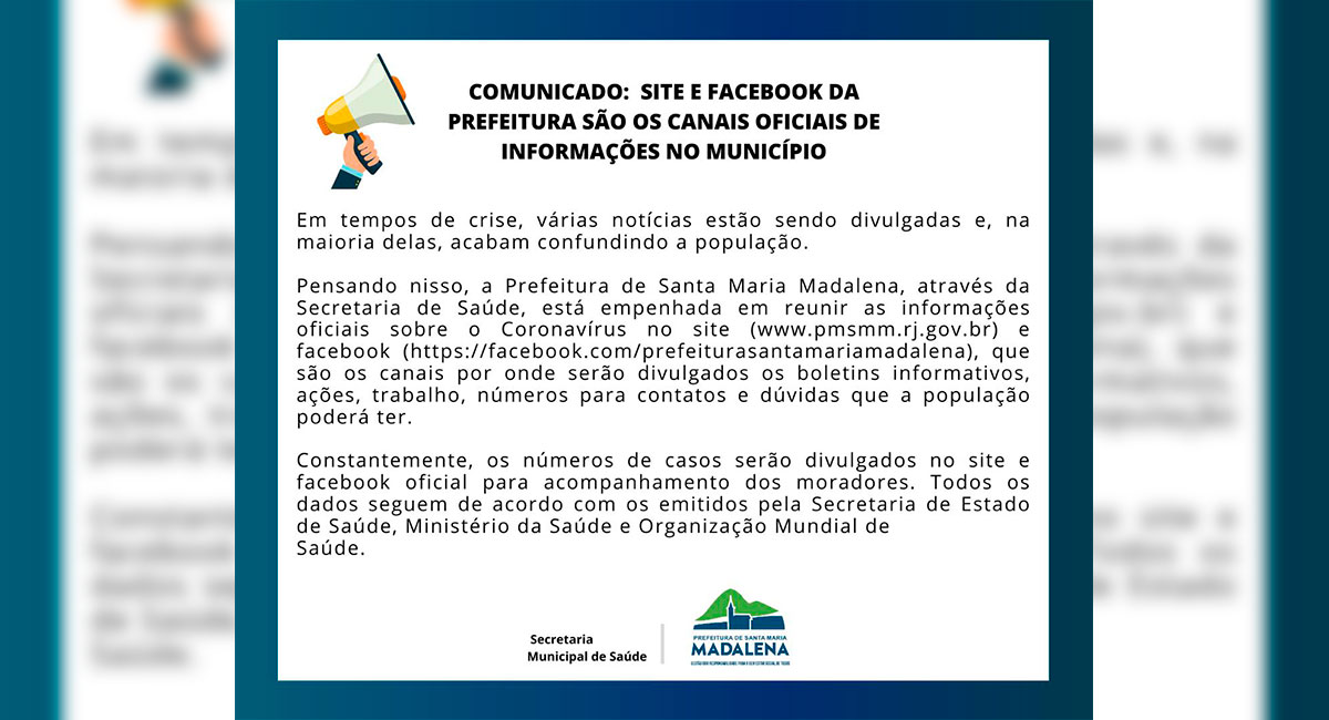 Site e Facebook da Prefeitura são os canais oficiais de informações no município
