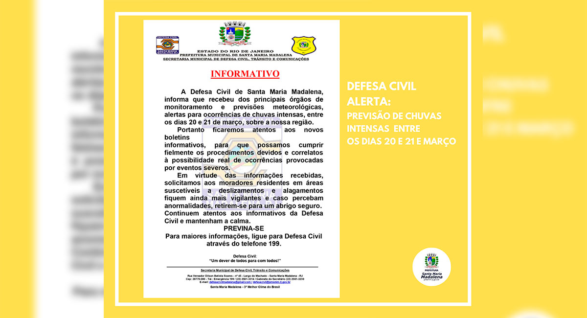 Defesa Civil alerta sobre chuvas intensas