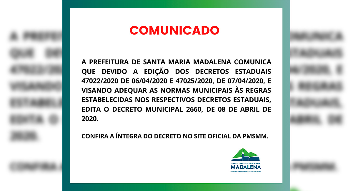 Prefeitura de Santa Maria Madalena edita novo decreto de Atualização e Flexibilização de Medidas contra o Coronavírus