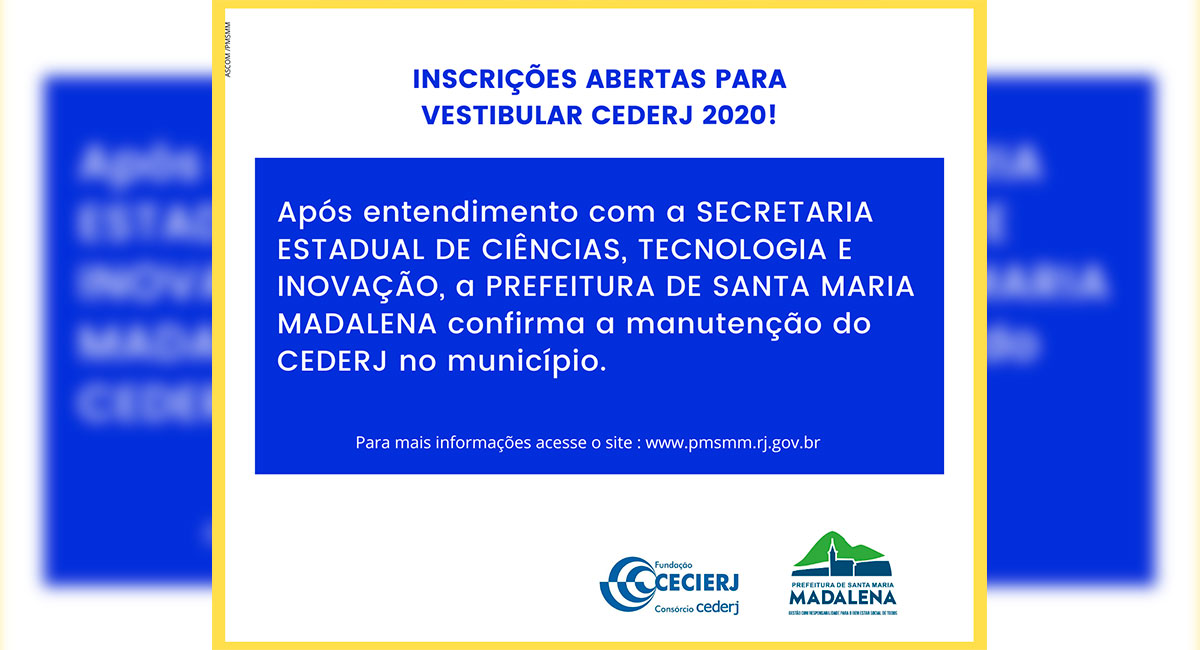 Vestibular Cederj 2020 oferece 40 vagas para o polo Santa Maria Madalena