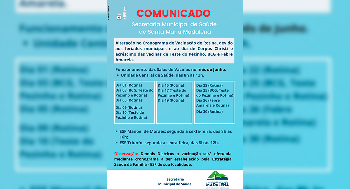 Saúde Comunica Alteração no Cronograma de Vacinação de Rotina