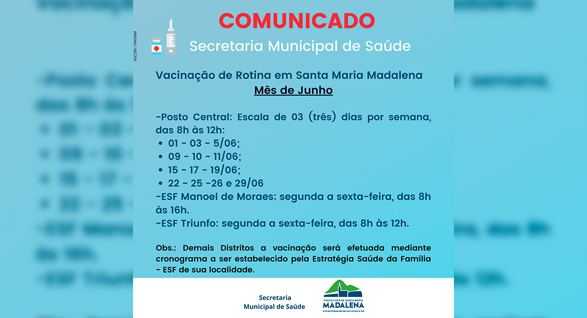 Cronograma de Vacinação de Rotina no mês de Junho