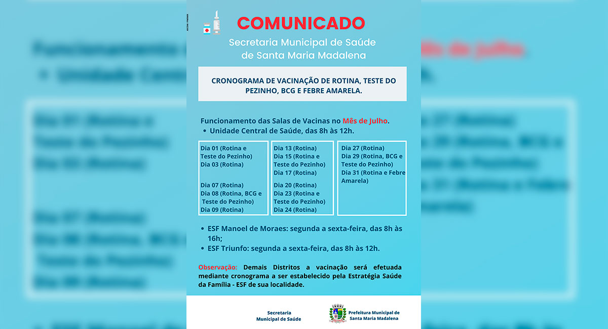 Cronograma de Vacinação de Rotina, Teste do Pezinho, BCG e Febre Amarela