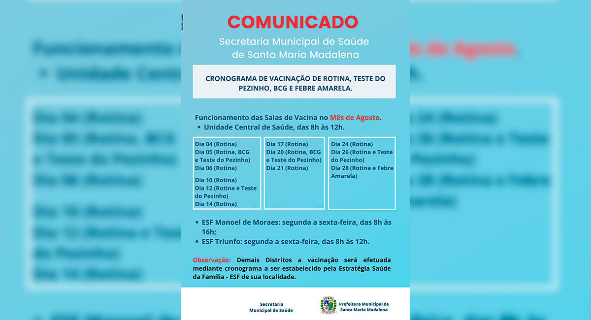 Secretaria de Saúde divulga cronograma de vacinação para o mês de agosto