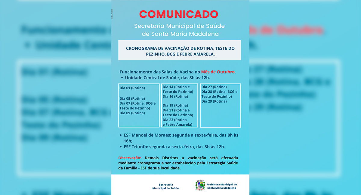 Utilidade pública: Cronograma de vacinação para o mês de outubro