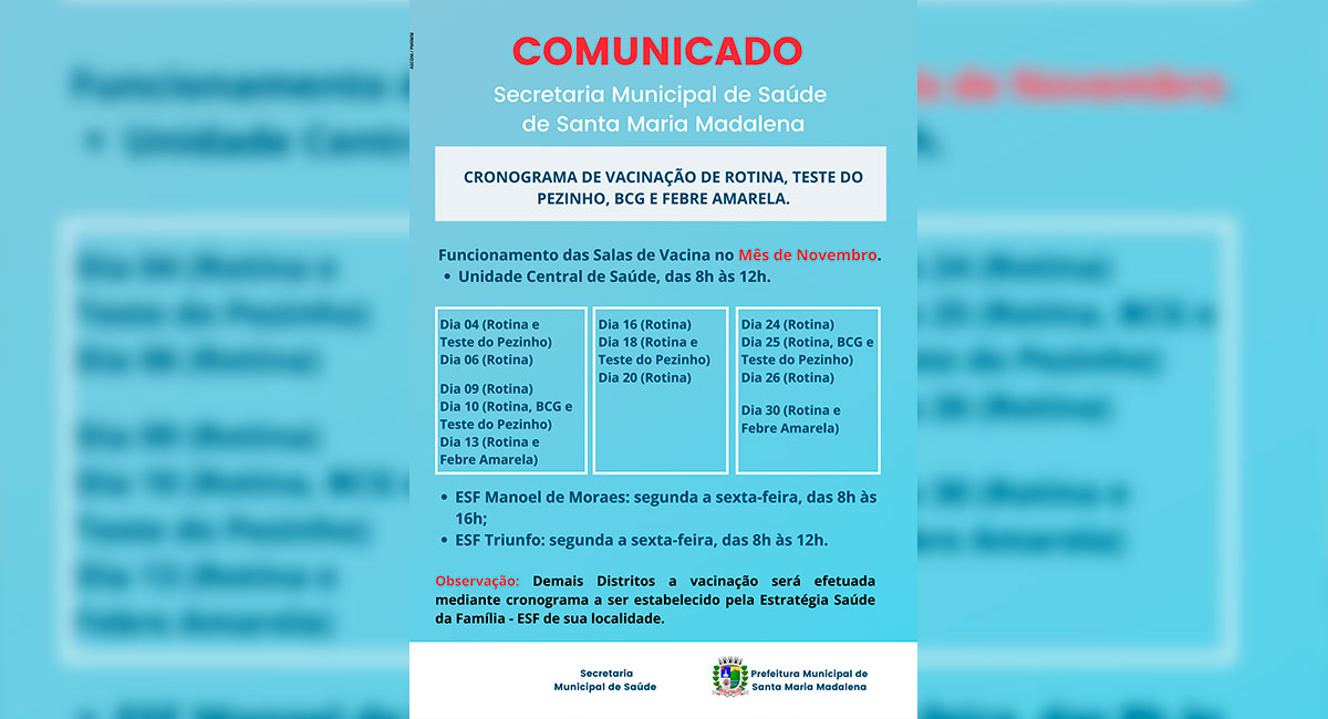 Comunicado: Cronograma de vacinação para o mês de novembro