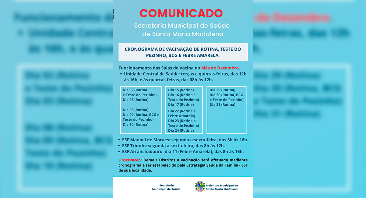 Comunicado: Cronograma de vacinação para o mês de dezembro