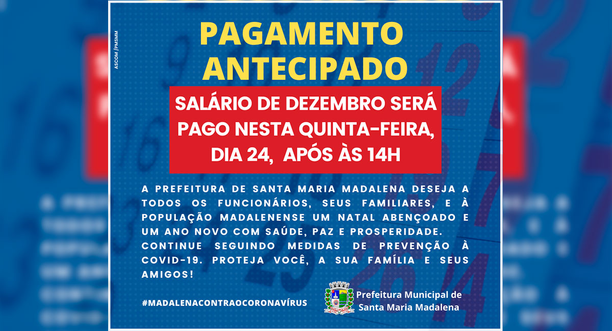 Salário de dezembro será pago nesta quinta-feira, dia 24