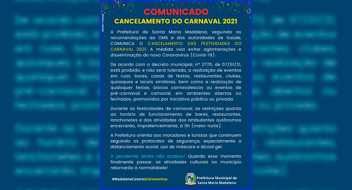 COMUNICADO: Cancelamento do Carnaval 2021