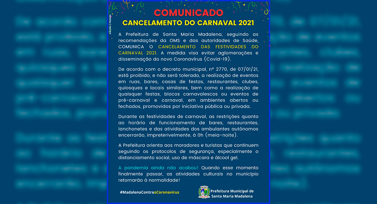 COMUNICADO: Cancelamento do Carnaval 2021
