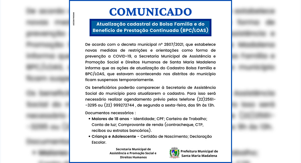 COMUNICADO: Atualização cadastral do Bolsa Família e do Benefício de Prestação Continuada (BPC/LOAS)