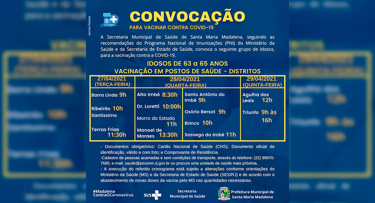 Covid-19: Santa Maria Madalena começa a vacinar idosos entre 63 e 65 anos a partir de terça-feira (27)