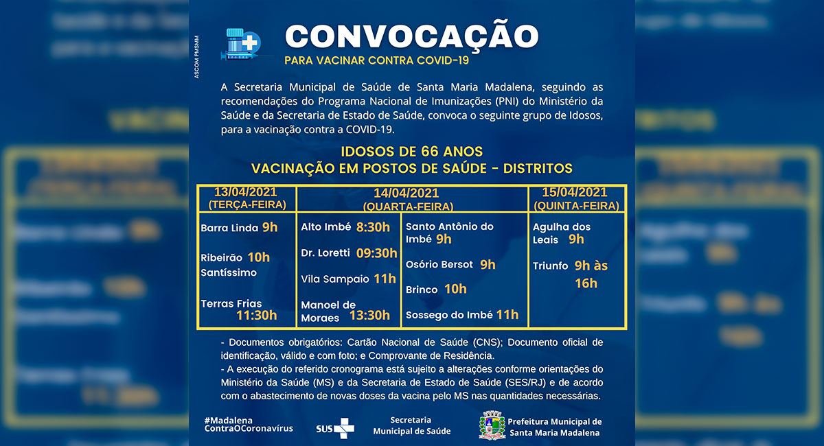Santa Maria Madalena vacina idosos com 66 anos contra a Covid-19 a partir desta terça-feira (13/04)