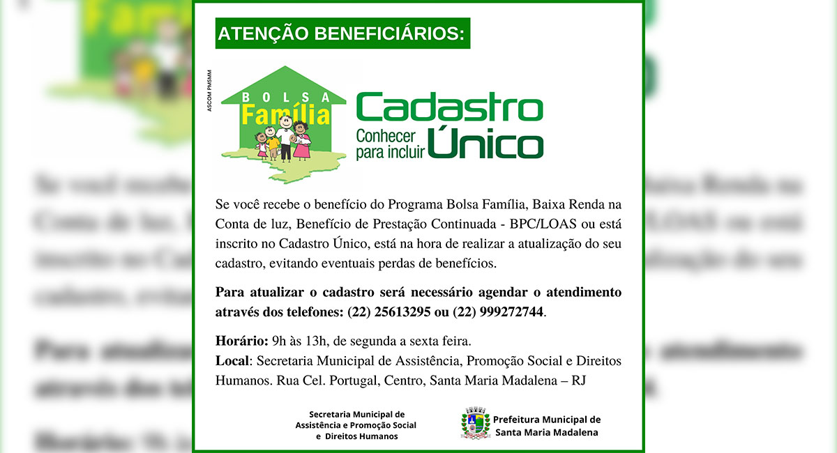 Secretaria Municipal de Assistência Social informa sobre atualização do Cadastro Único e Bolsa Família