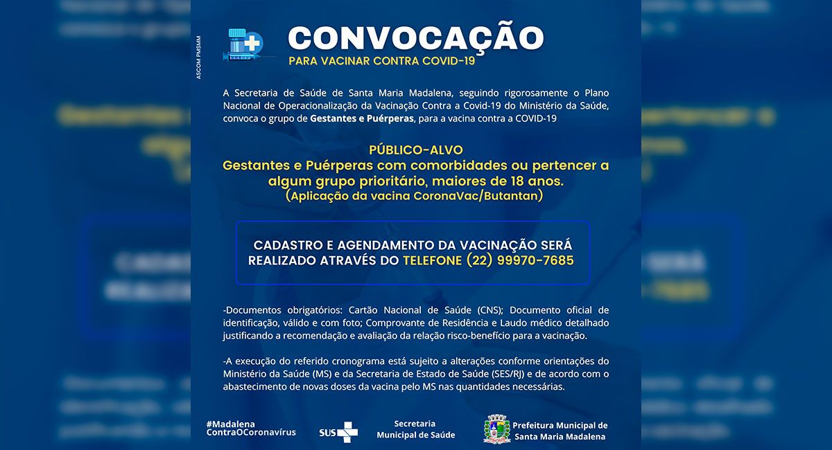 Covid-19: Santa Maria Madalena abre agendamento para vacinar grávidas e puérperas com comorbidades