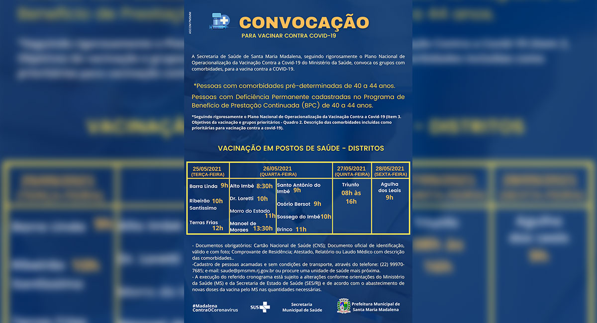 Pessoas com comorbidades e deficiências de 40 a 44 anos começam a ser vacinadas dia 25