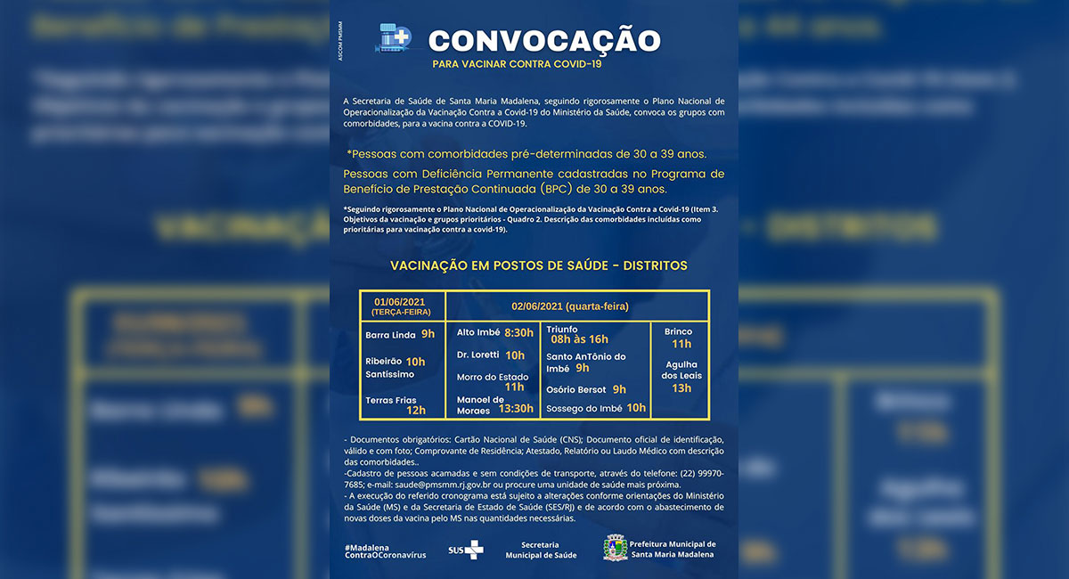 Vacinação de pessoas de 30 a 39 anos com comorbidades começa na terça-feira (01/06)