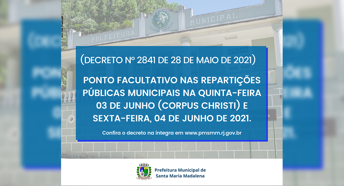 Ponto facultativo nas repartições públicas municipais nos dias 3 e 4 de junho