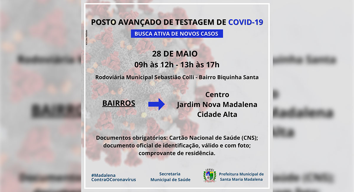Santa Maria Madalena receberá posto avançado de testagem de Covid-19