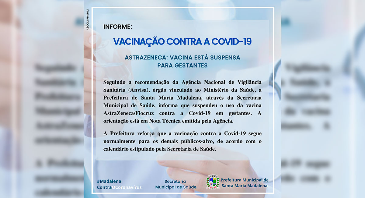 Prefeitura de Santa Maria Madalena suspende vacinação contra a Covid-19 em gestantes