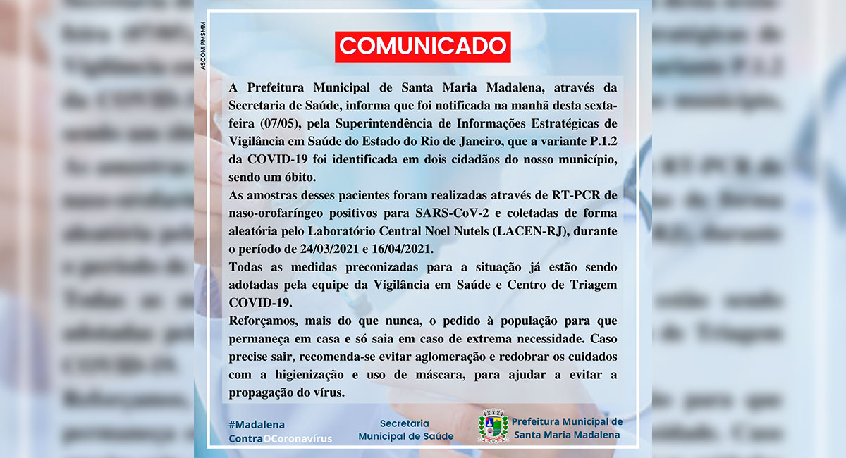 Secretaria de Saúde informa sobre nova variante da Covid-19 em Santa Maria Madalena