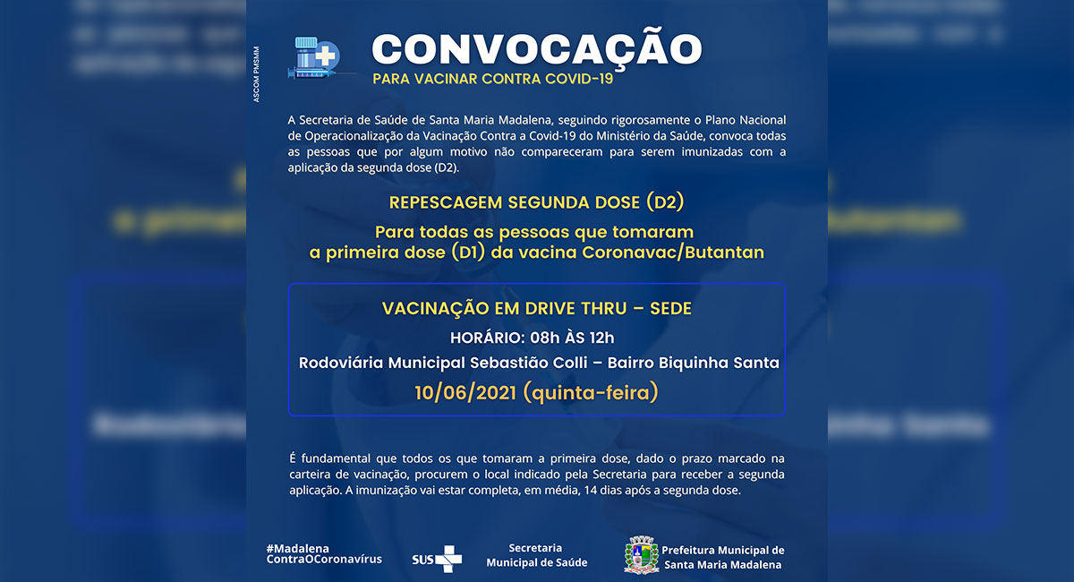 Secretaria de Saúde reforça a convocação para a segunda dose da vacina contra a Covid-19