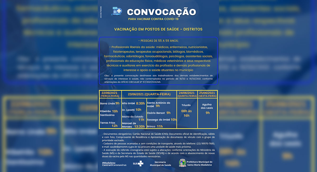 Covid-19: Santa Maria Madalena começa a vacinar pessoas com idade entre 55 e 59 anos