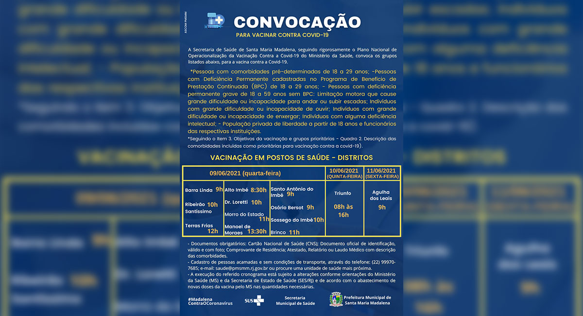 Prefeitura divulga novos grupos para vacinação contra Covid-19 em Santa Maria Madalena