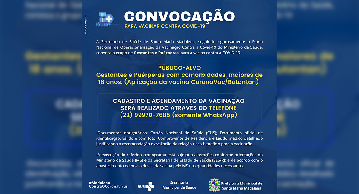 Covid-19: Saúde convoca gestantes e puérperas com comorbidades para vacinação