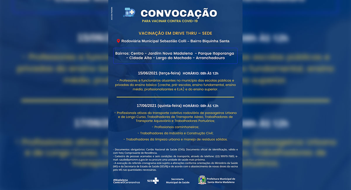 Covid-19: Profissionais da educação, transporte coletivo, caminhoneiros, da indústria e limpeza urbana começam a ser vacinados no dia 15 de junho