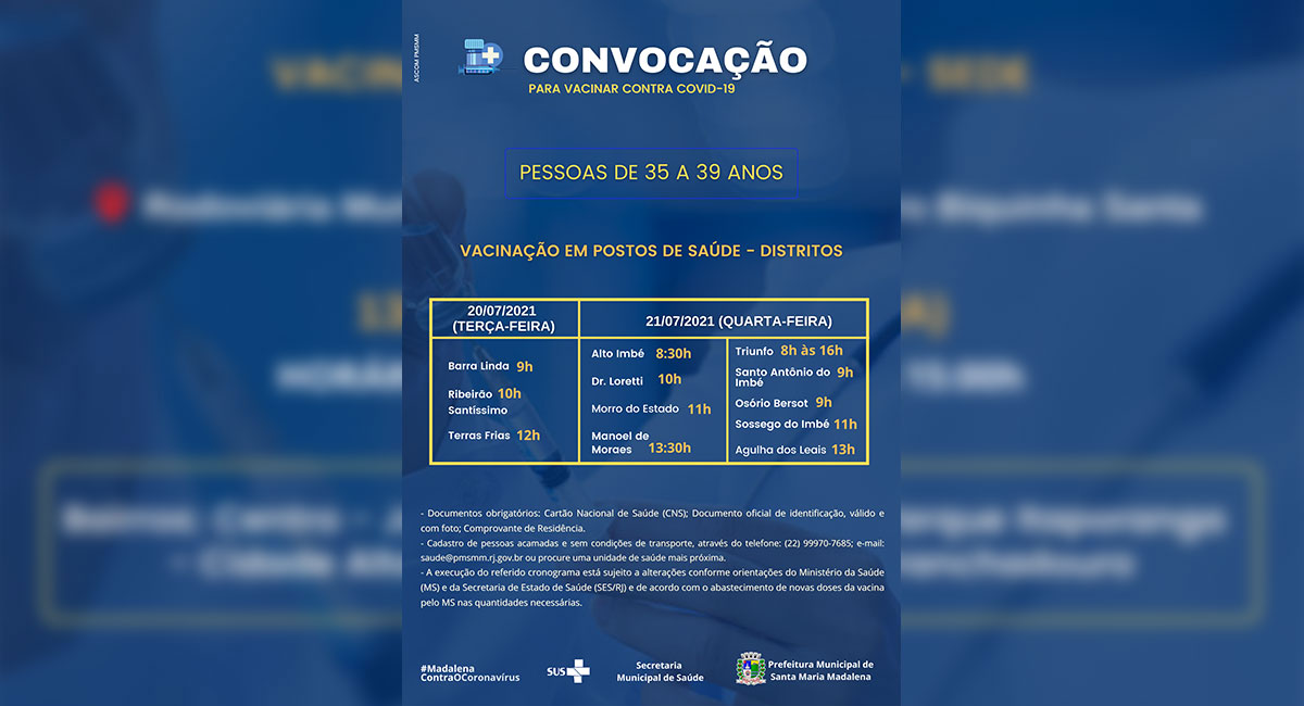 Santa Maria Madalena inicia vacinação contra Covid-19 em pessoas com idade entre 35 e 39 anos na terça-feira (20)