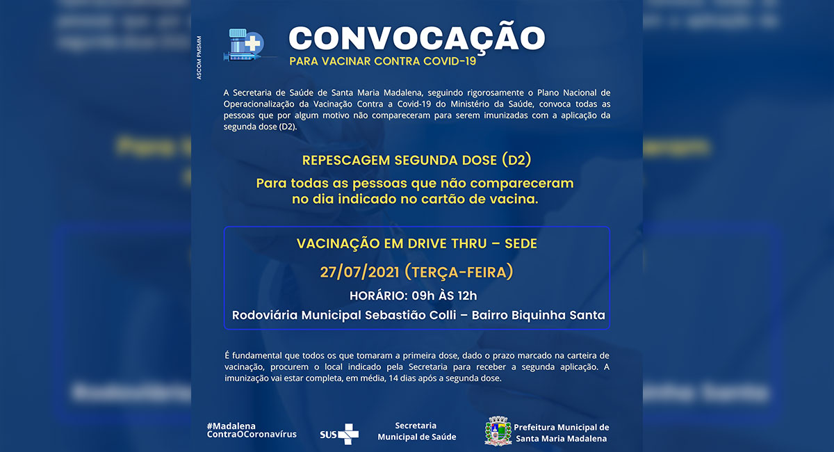Secretaria de Saúde convoca população para a segunda dose da vacina contra a Covid-19
