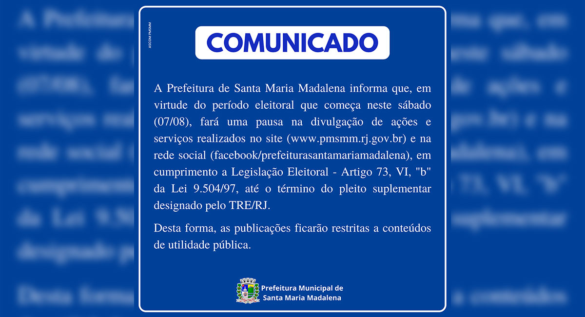 COMUNICADO: Em virtude do período eleitoral as publicações ficarão restritas a conteúdos de utilidade pública