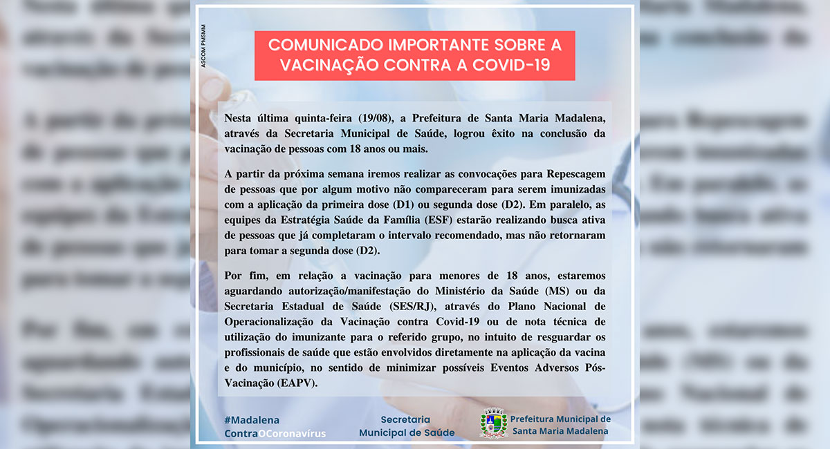 Comunicado importante sobre a vacinação contra a Covid-19