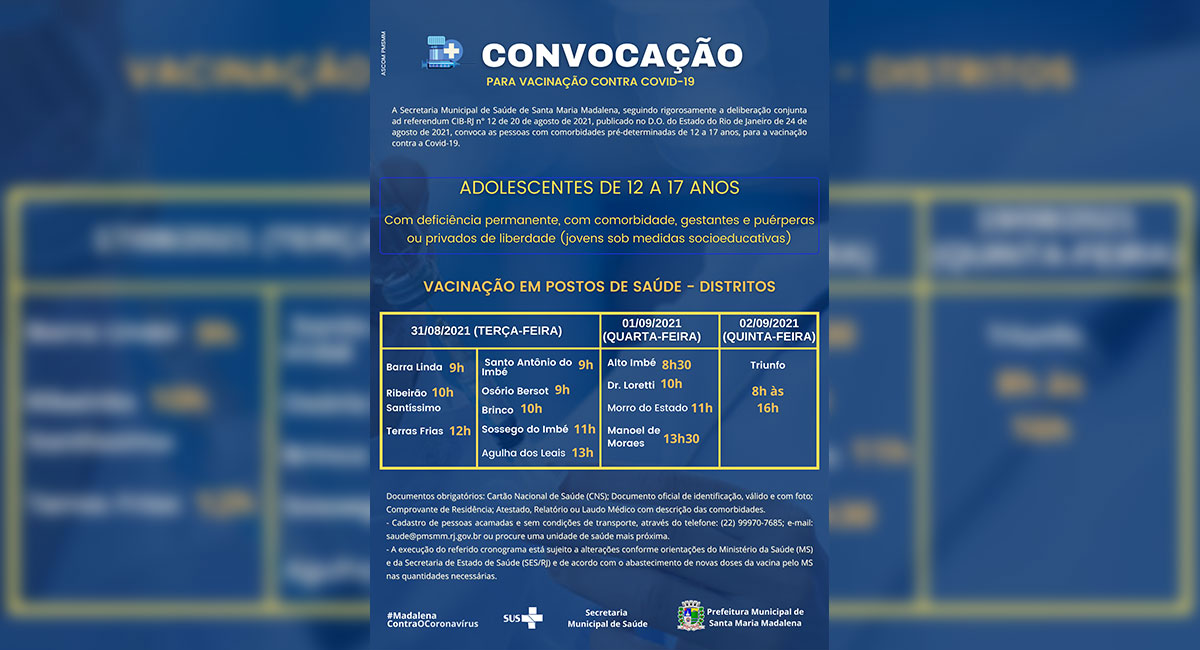 Adolescentes de 12 a 17 anos com comorbidades serão vacinados contra a Covid-19 na próxima terça-feira