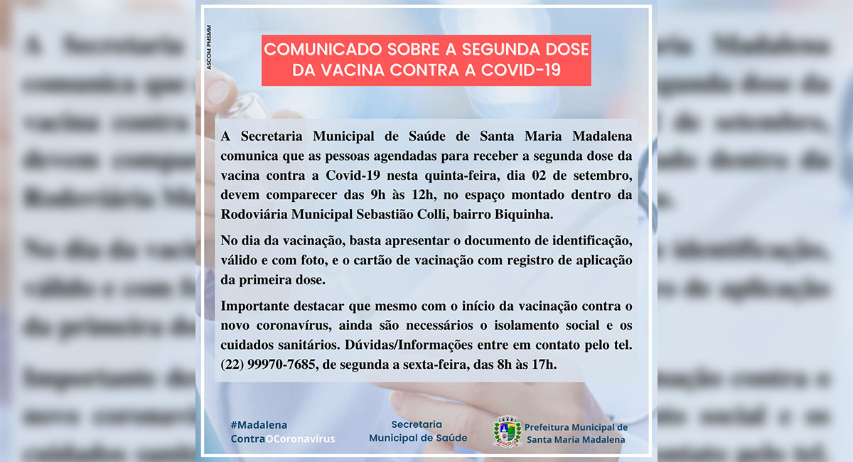 Saúde comunica sobre a segunda dose da vacina contra a Covid-19