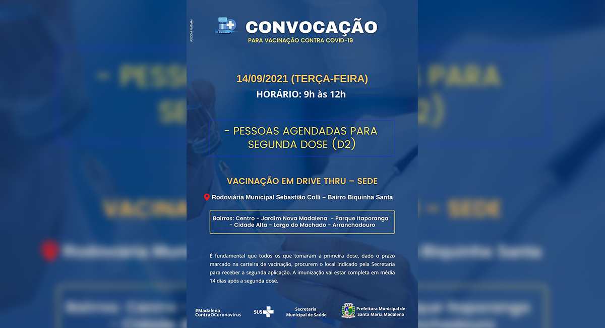 Saúde segue com a aplicação da segunda dose da vacina contra a Covid-19 nesta terça-feira