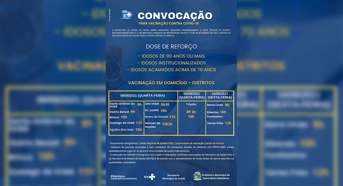 Covid-19: Santa Maria Madalena começa a aplicar dose de reforço em idosos com 90 anos ou mais a partir de quarta-feira (08)