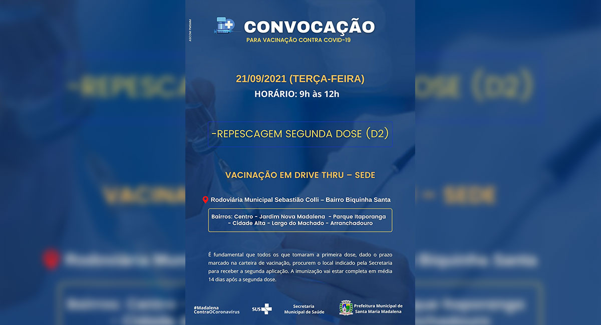 Terça tem repescagem da 2ª dose da vacina contra Covid-19 em Santa Maria Madalena