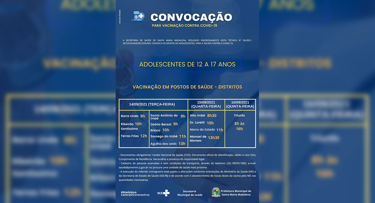 Covid-19: Santa Maria Madalena anuncia vacinação para adolescentes de 12 a 17 anos
