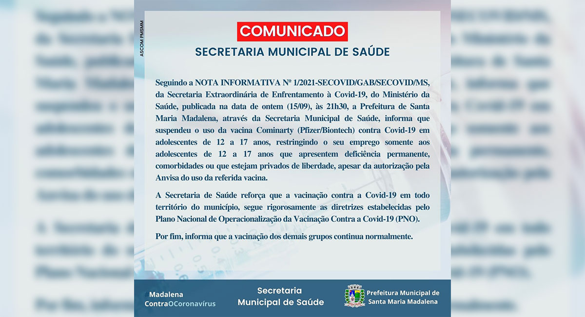 Covid-19: Comunicado sobre a suspensão da vacinação em adolescentes de 12 a 17 anos sem comorbidades
