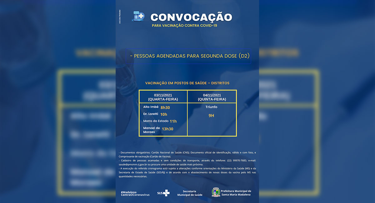 Vacinação da segunda dose contra a Covid-19 prossegue nesta quarta-feira. Confira as informações