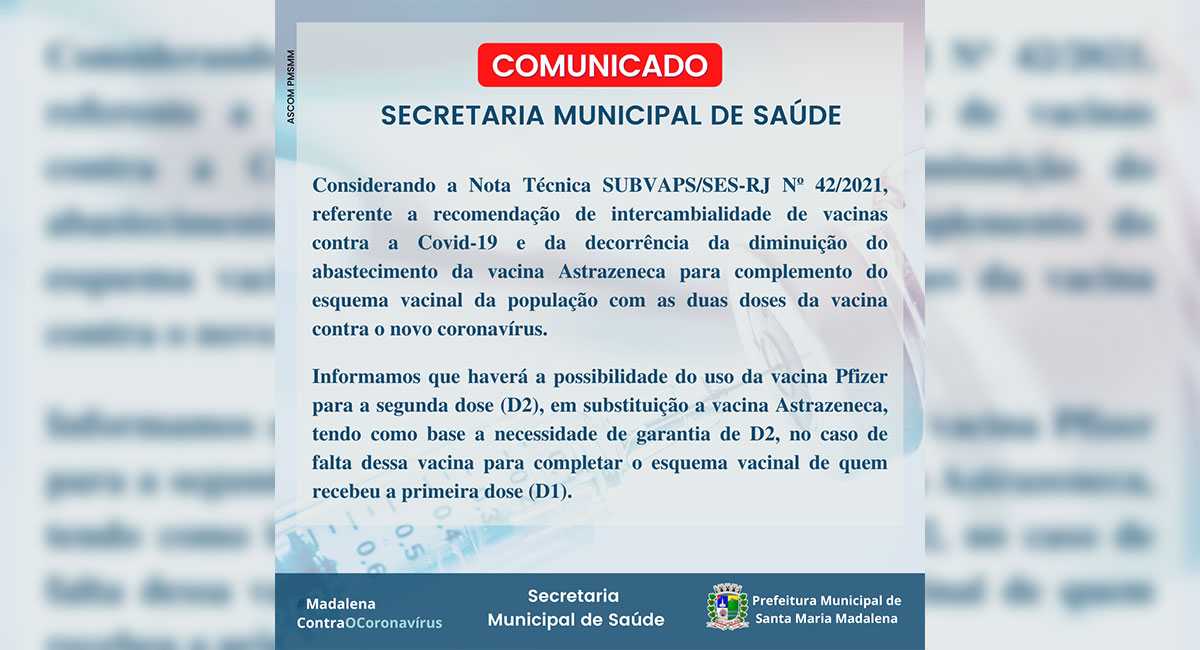 Covid-19: Secretaria de Saúde comunica sobre a Intercambialidade de vacinas