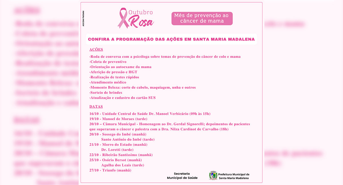 Outubro Rosa: Confira a programação das ações em Santa Maria Madalena
