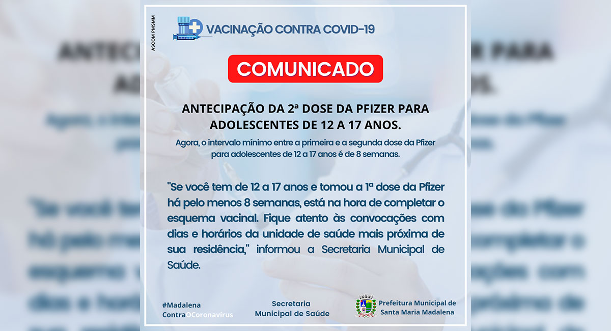 Comunicado: Saúde anuncia a antecipação da 2ª dose da Pfizer para adolescentes de 12 a 17 anos