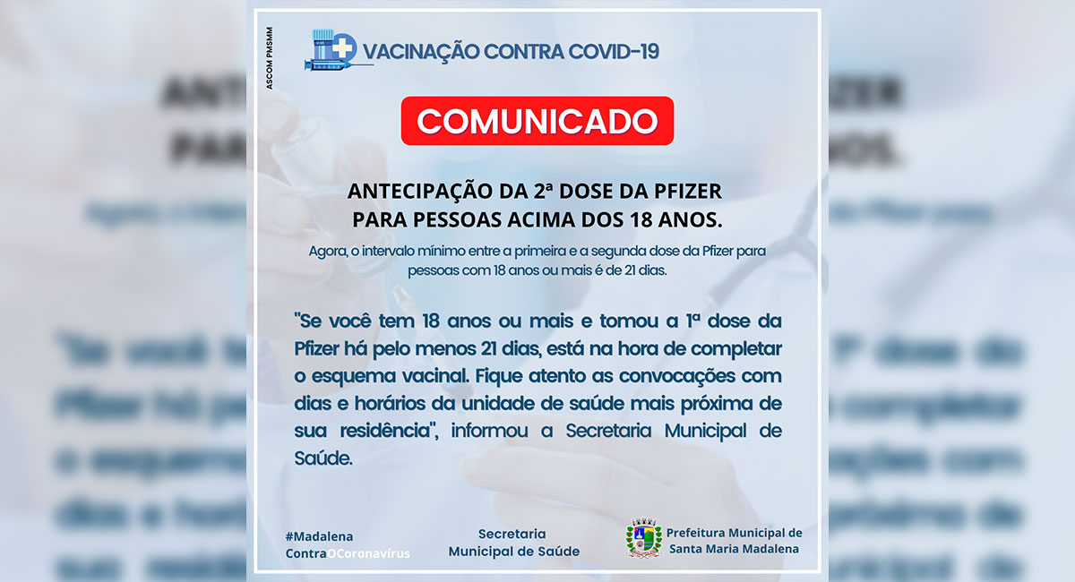 Covid-19: Santa Maria Madalena antecipa 2ª dose da vacina Pfizer para quem tem 18 anos ou mais