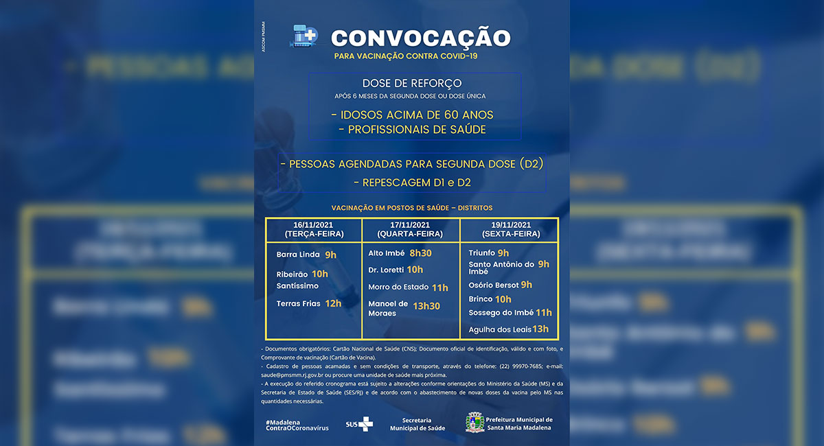 Santa Maria Madalena anuncia dose de reforço contra a Covid-19 em profissionais de saúde e idosos com mais de 60 anos