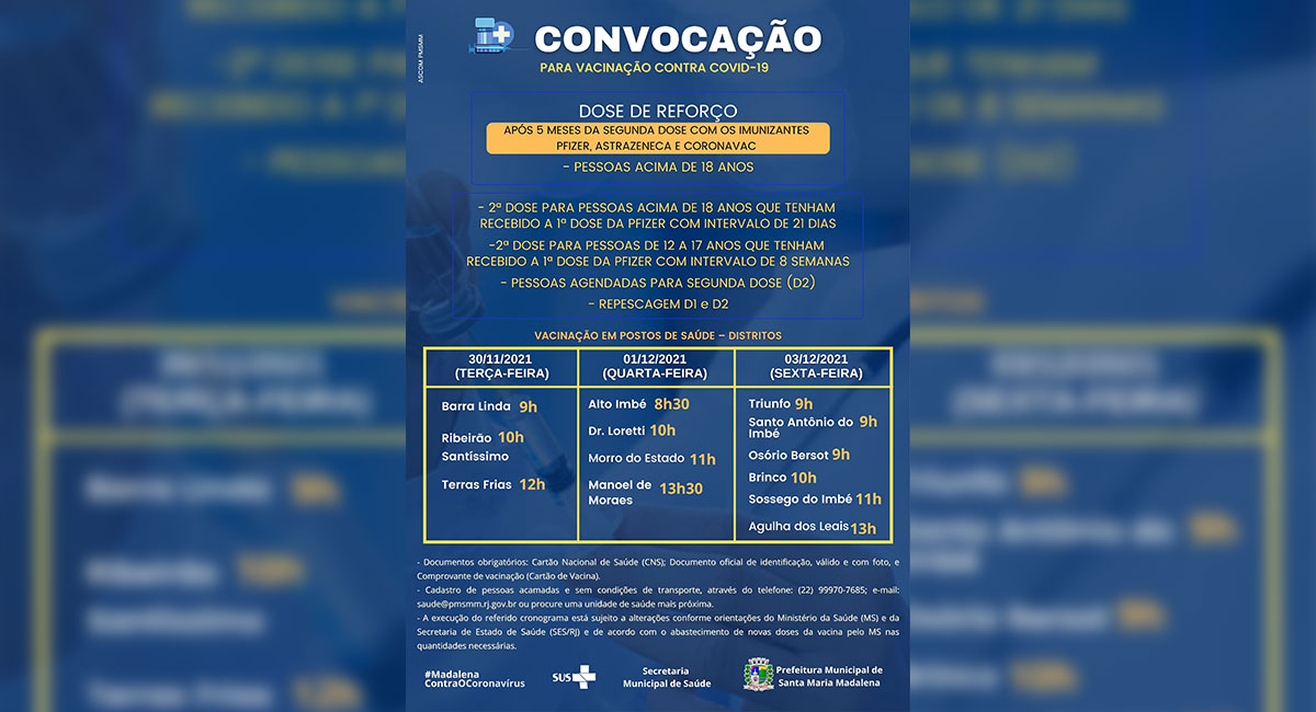 Covid-19: Santa Maria Madalena divulga novo calendário vacinal para 1ª, 2ª e 3ª dose